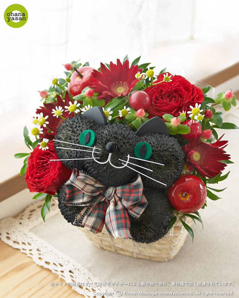 赤の花ネコ （黒猫）