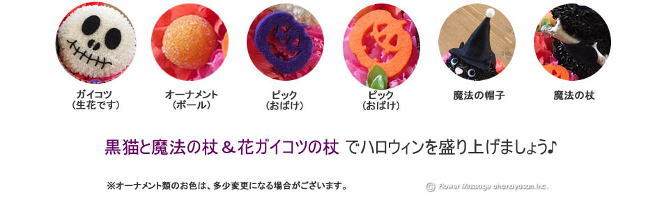 黒猫と魔法の杖&花ガイコツ