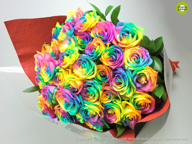 レインボーバラ35本花束 虹色の薔薇ブーケのフラワーギフト